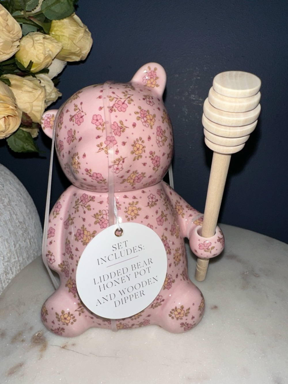 Pink Floral Lidded Bear Honey Pot with Wooden Dipper